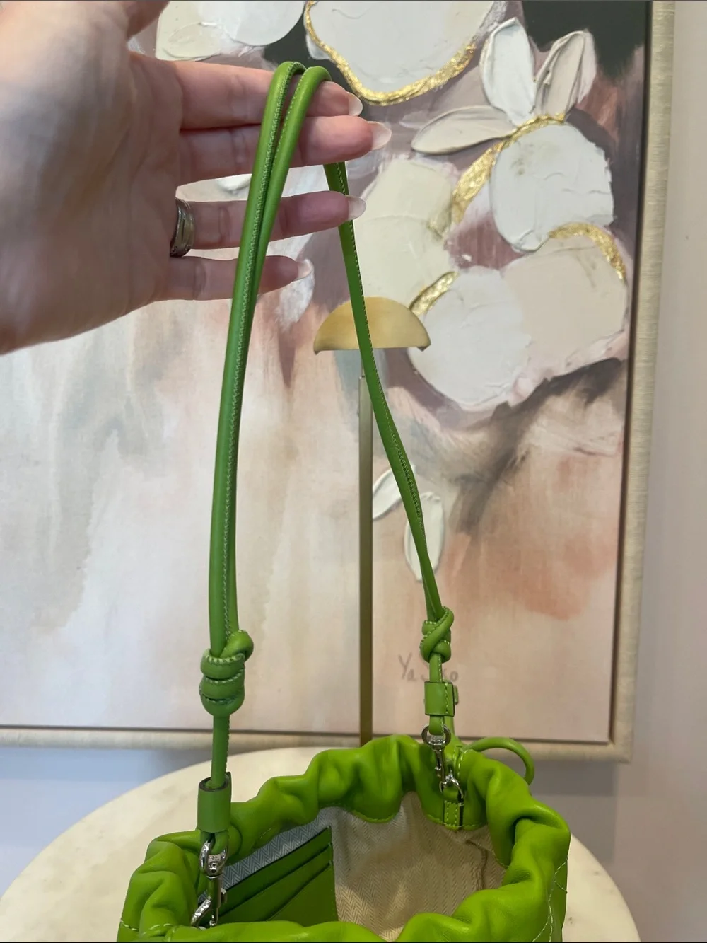 NWOT Tory Burch Green Leather Willa Soft Quilted Drawstring Crossbody